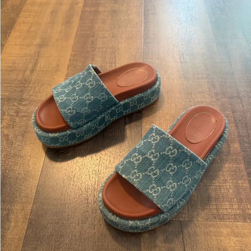 Gucci GG Denim Platform Slide Sandals Women's Size 7.5 Made in Italy